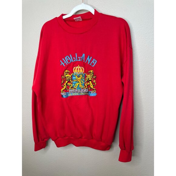 Vintage Holland Red Crewneck Sweatshirt XL Embroidered Crest Cotton Polyester‎ - Picture 2 of 7